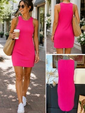 Old Navy Hot Pink Fitted Stretch Rib Knit Racerback Mini Dress Sz XL 💚🍄